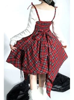 Punk Lolita Bowknot Plaid Black Single Row Pleats Double Lace Drawstring Irregular Hem Design Sling Dress -NAUS Lolita Shop 11 500x672 125