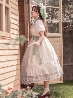 Delicate Lace Jacquard Embroidery Crinkled Mesh Fabric Sexy Deep V Neckline Design Ribbon Bow Decoration Classic Lolita Dress -NAUS Lolita Shop 11 500x672 15