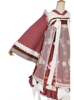 Chinese Style Chiffon Ruffled Pleats Sweet High Waist Tie RopePuppy Print Bow Knot Decoration Classic Lolita OP Dress Set -NAUS Lolita Shop 11 500x672 35