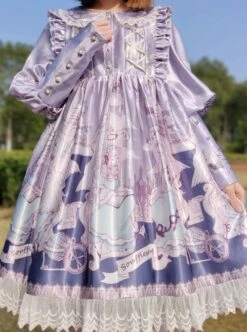 Cute Lace Doll Collar Lamb Leg Sleeves Lace-Up Design Reflective Satin Print Classic Lolita Long Sleeve Dress -NAUS Lolita Shop 11 500x672 38