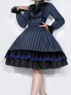 Gothic Style Elegant Retro Stand Collar Stripe Contrasting Color Slim Fit Gothic Lolita Long Sleeve Dress -NAUS Lolita Shop 11 500x672 73