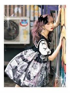 Little Tengu Series OP Doll Collar Printing Black Cute Gothic Lolita Short Sleeve Dress -NAUS Lolita Shop 12 500x672 11