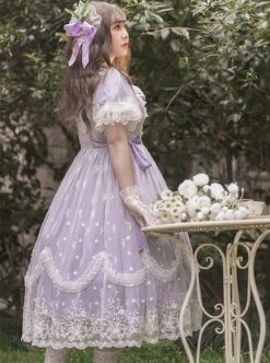 Delicate Lace Jacquard Embroidery Crinkled Mesh Fabric Sexy Deep V Neckline Design Ribbon Bow Decoration Classic Lolita Dress -NAUS Lolita Shop 12 500x672 12