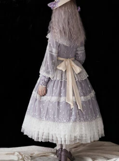 Delicate Ornate Pleated Embroidered Lace Layered Hem Cross Straps Bow Knot Classic Lolita Long Sleeve Dress -NAUS Lolita Shop 12 500x672 15