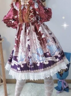 Cute Lace Doll Collar Lamb Leg Sleeves Lace-Up Design Reflective Satin Print Classic Lolita Long Sleeve Dress -NAUS Lolita Shop 12 500x672 27