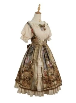 Classic Lolita JSK Jacquard White Lace Pleated Court Vintage Oil Painting Drawstring Metal Buttons Sling Dress -NAUS Lolita Shop 12 500x672 37