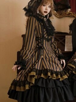 Gothic Style Elegant Retro Stand Collar Stripe Contrasting Color Slim Fit Gothic Lolita Long Sleeve Dress -NAUS Lolita Shop 12 500x672 47