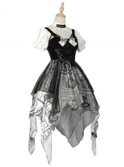 Black White Alice Series OP Retro Splicing Irregular Hem Punk Lolita Short Sleeve Dress -NAUS Lolita Shop 12 500x672 86
