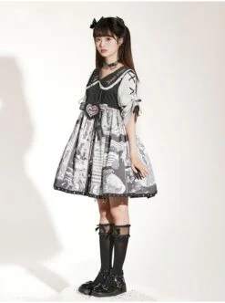 Little Tengu Series OP Doll Collar Printing Black Cute Gothic Lolita Short Sleeve Dress -NAUS Lolita Shop 13 500x672 5