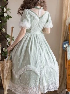 Delicate Lace Jacquard Embroidery Crinkled Mesh Fabric Sexy Deep V Neckline Design Ribbon Bow Decoration Classic Lolita Dress -NAUS Lolita Shop 13 500x672 6