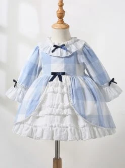 Blue And White Plaid Design Cute Pleated Ruffle Trim Bow Knots Classic Lolita Long Sleeve Kid Dress -NAUS Lolita Shop 14 500x672 29
