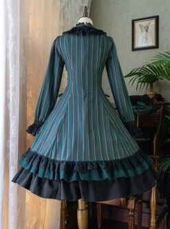 Gothic Style Elegant Retro Stand Collar Stripe Contrasting Color Slim Fit Gothic Lolita Long Sleeve Dress -NAUS Lolita Shop 15 500x672 15