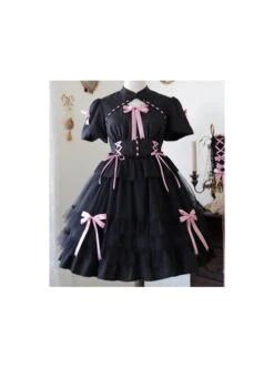 Bow Print Graphic Decoration Small Shawl Chinese Style Buckle Design Pleated Fluffy Lace Hem Classic Lolita Short Sleeve Dress -NAUS Lolita Shop 15 500x672 4