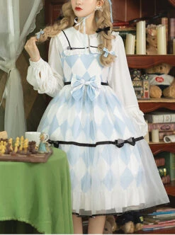 Alice Series OP Blue And White Diamond Shape Design Pleated Square Neck Bunny Ear Decoration Classic Lolita Long Sleeve Dress -NAUS Lolita Shop 1655860294 8r9 500x672 1