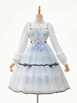 Alice Series OP Blue And White Diamond Shape Design Pleated Square Neck Bunny Ear Decoration Classic Lolita Long Sleeve Dress -NAUS Lolita Shop 1655860308 EQy 500x672 1
