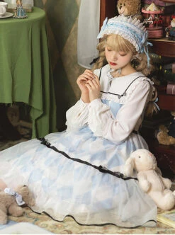 Alice Series OP Blue And White Diamond Shape Design Pleated Square Neck Bunny Ear Decoration Classic Lolita Long Sleeve Dress -NAUS Lolita Shop 1655860339 Xmk 500x672 1