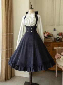 Elegant Slim Fit Detachable Halter Large Bow Striped Pocket Two-Wear Sling Classic Lolita Dress -NAUS Lolita Shop 1676360549 ac2 500x672 1