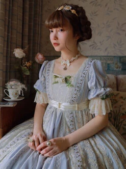 Sally Garden Series Daily Imperial Style Square Neckline High Waist Lotus Short Sleeves Small Floral Embroidery Long Dress OP -NAUS Lolita Shop 1702634116 jMT 500x672 1