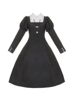 Redemption Cross Series Gothic Lolita Bat Necklace Nun Style Black Holiness Puff Long Sleeve Dress -NAUS Lolita Shop 2 500x672 103