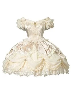 Elizabeth Little Star Flower Series Pure Color Satin Handmade Cross Star Pearl Palace Elegant Classic Lolita Short-Sleeved Dress