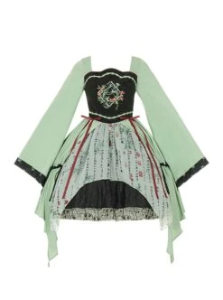 Orchid Pavilion Hidden Mountain Series Chinese Style Begonia Bamboo Leaf Snake Embroidery Calligraphy Green Classic Lolita Loose Sleeves Dress OP -NAUS Lolita Shop 2 500x672 105