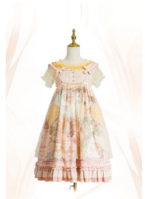 Afternoon Sweet Tea Series JSK Wave Dot Tulle Hem Cute Printing Sweet Lolita Yellow Sling Dress Short Sleeve Shirt Set 1 Afternoon Sweet Tea Series JSK Wave Dot Tulle Hem Cute Printing Sweet Lolita Yellow Sling Dress Short Sleeve Shirt Set