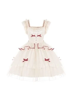 Symphonic Poetry Series Small Flying Sleeves Square Neck Waist Neck Ribbon Bowknot Decorated Mesh Ruffles Sweet Lolita Dress -NAUS Lolita Shop 2 500x672 1137