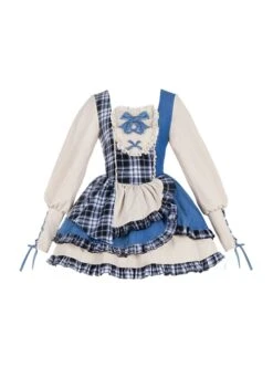 Sweet-Cool Girl Square Collar Bowknot Lace Decoration Denim Plaid Contrast Color Splicing Irregular Sweet Lolita Long-Sleeved Dress -NAUS Lolita Shop 2 500x672 1150