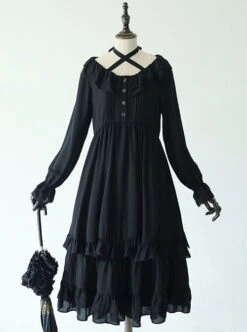 Pure Black Ruffles Gothic Lolita Long Sleeves Dress -NAUS Lolita Shop 2 500x672 12