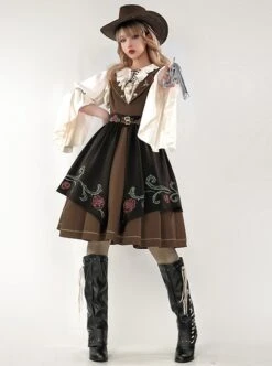 Brown Elegant Lace-Up Ruffle Neck Rose Brooch Rose Embroidered Girdle Lantern Sleeve Punk Lolita Dress -NAUS Lolita Shop 2 500x672 1205