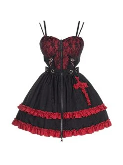 Judgment Day Series JSK Dark Punk Lolita Black Red Lace Jacquard Embroidery Waist Cutout Crucifix Fold Metal Buckle Decoration Zipper Sling Dress -NAUS Lolita Shop 2 500x672 1211