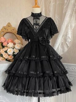 Solid Color Translucent V-Neck Design Bow-Knot Multi-Layer Lace Hem Elegant Classic Lolita Short Sleeve Dress -NAUS Lolita Shop 2 500x672 122