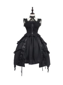 Undead Waltz Series Halter Neck Slim Fit Irregular Drawstring Hem Black Simple Sexy Punk Lolita Sleeveless Dress -NAUS Lolita Shop 2 500x672 1225