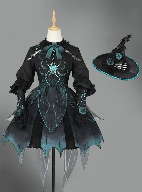 Rose Witch Series Black Halloween Irregular Cute Punk Teal Magic Spider Dark Bat Wing Bowknot Elements Print Lolita Dress Hat Set 6 Rose Witch Series Black Halloween Irregular Cute Punk Teal Magic Spider Dark Bat Wing Bowknot Elements Print Lolita Dress Hat Set - Image 6