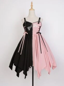 Guns N' Roses Series Black Pink Contrast Color Stitching Guns N' Roses Embroidery Irregular Hem Punk Lolita Sleeveless Dress -NAUS Lolita Shop 2 500x672 1231