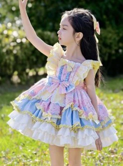 Yellow Pink Blue Simplicity Retro Style Spring Autumn Kids Cartoon Princess Fluffy Ruffles Bowknot Sweet LolitaSleeveless Dress