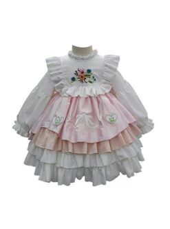 Autumn Winter Pink Floral Embroidery Heart Pattern Pink Plaid Bowknot Ruffle Sweet Lolita Kids Long Sleeves Dress