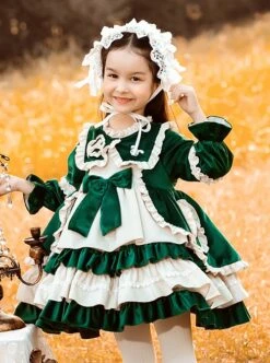 Green Velvet Princess Dress Stitching Lantern Sleeves Autumn Winter Classic Lolita Kids Long-Sleeved Dress -NAUS Lolita Shop 2 500x672 1245