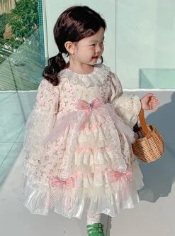 Sweet Lovely Floral Spring Autumn Stitching Lantern Sleeve Striped Bowknot Lace Decoration Sweet Lolita Kids Long-Sleeved Dress -NAUS Lolita Shop 2 500x672 1247