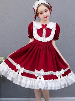 White Lace Doll Collar Wine Red Pure Color Children Lolita Short Sleeve Dress -NAUS Lolita Shop 2 500x672 1249