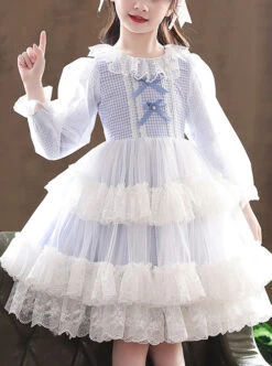 Bowknot White Tulle Lace Children Sweet Lolita Kids Plaid Long Sleeve Dress -NAUS Lolita Shop 2 500x672 1253