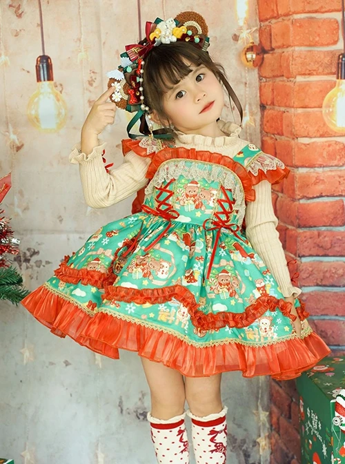 Little Bear Christmas Print Lace Sleeveless Dress Apricot Stand Collar Knit Long Sleeve Top Classic Lolita Kids Dress Set 1 Little Bear Christmas Print Lace Sleeveless Dress Apricot Stand Collar Knit Long Sleeve Top Classic Lolita Kids Dress Set