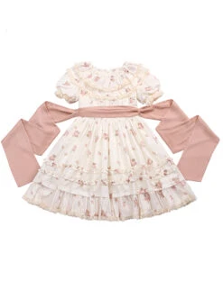 Pleated Ruffle Trim Pink Flower Print Decoration Straps Bow Children Lolita Kids Short Sleeves Dress -NAUS Lolita Shop 2 500x672 1263