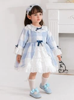 Blue And White Plaid Design Cute Pleated Ruffle Trim Bow Knots Classic Lolita Long Sleeve Kid Dress -NAUS Lolita Shop 2 500x672 1264