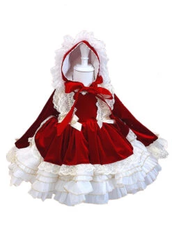 Red Velvet Crinkled Puff Lace Double Layer Hem Lace Jacquard Trim Children Classic Lolita Long Sleeve Kids Dress -NAUS Lolita Shop 2 500x672 1265