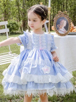 White Lace Tassel Hem Kids Sweet Lolita Blue Short Sleeve Dress -NAUS Lolita Shop 2 500x672 1266
