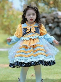 Yellow-Blue Stitching Heart Polka Dots Lace Puff Sleeves Velvet Ruffles Classic Lolita Bow Kids Long-Sleeved Dress -NAUS Lolita Shop 2 500x672 1271