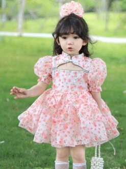 Floral Stand Collar Hollow Design Puff Sleeves Pink Sweet Lolita Kids Short-Sleeved Dress -NAUS Lolita Shop 2 500x672 1273