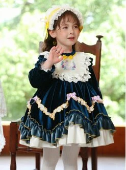 Dark Blue Embroidered Lace Ruffle Irregular Hem Design Bow Decorated Classic Lolita Kids Long Sleeve Dress -NAUS Lolita Shop 2 500x672 1277