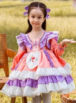 Spring Autumn Sweet Purple Pink Stitching Lace Love Embroidery Classic Lolita Kids Long-Sleeved Dress -NAUS Lolita Shop 2 500x672 1292